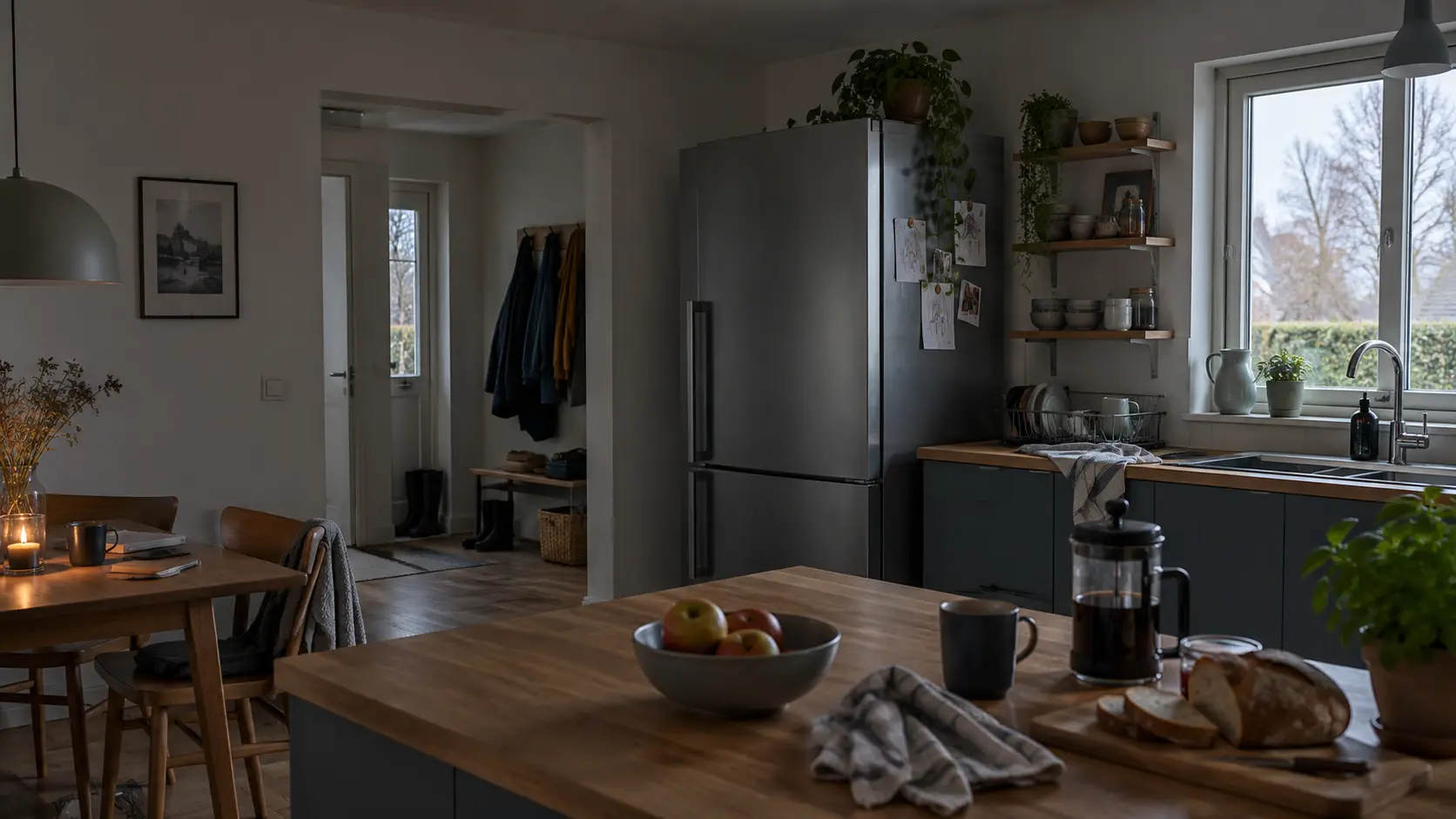 A kitchen during a power cut, lit only by daylight, refrigerator closed.